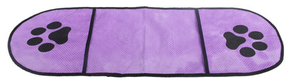 Microfiber pet drying towel in purple with black paw-print end panels and center seam