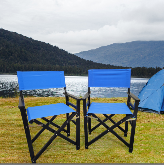 Blue canvas and black folding director chairs, 2-pack with wooden cross braces