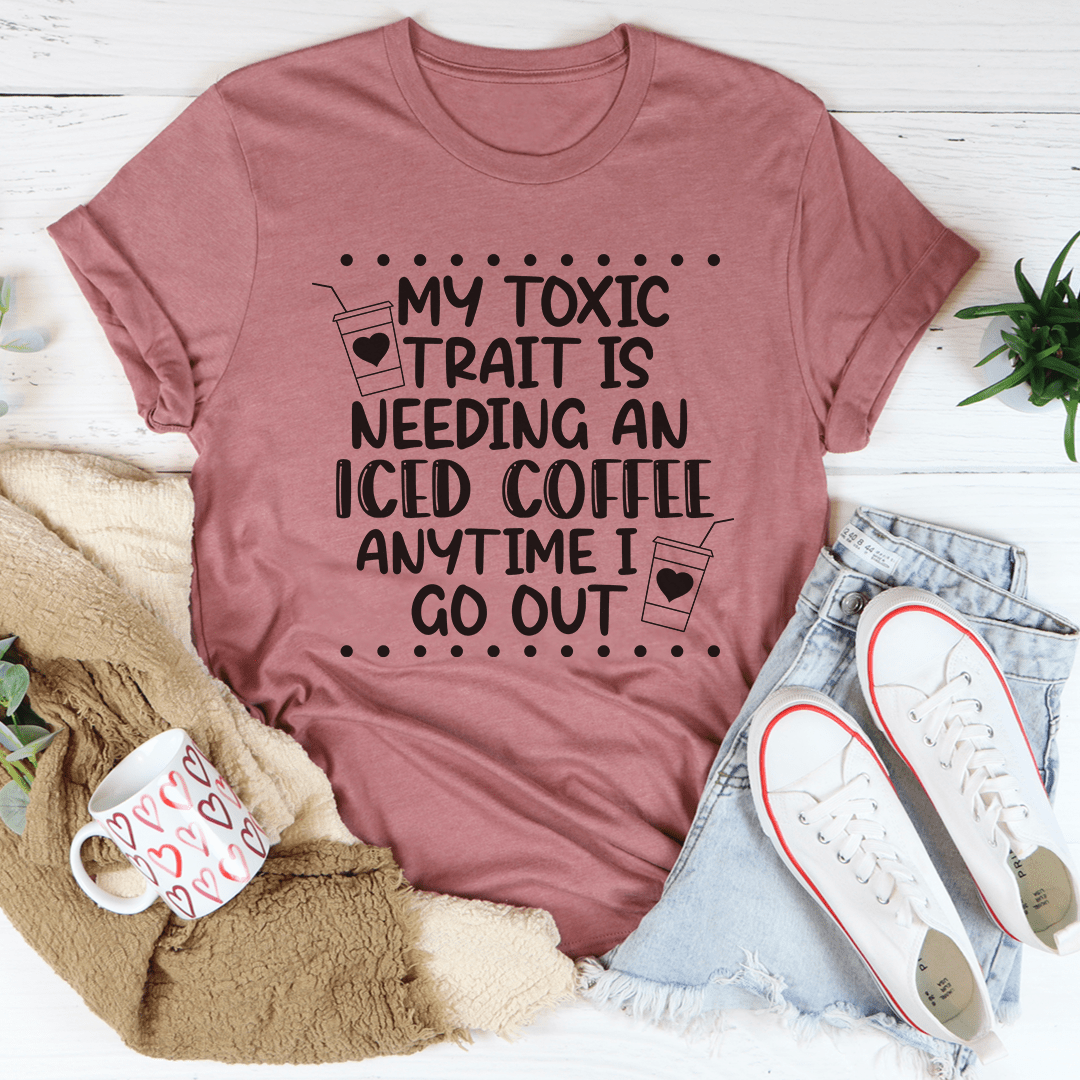 Mauve graphic slogan T-shirt with iced coffee icons and crew neck
