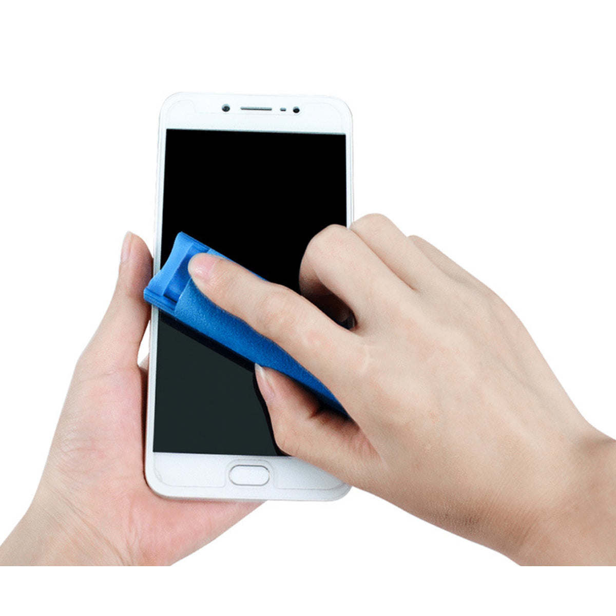 White smartphone screen being cleaned with a blue wipe strip