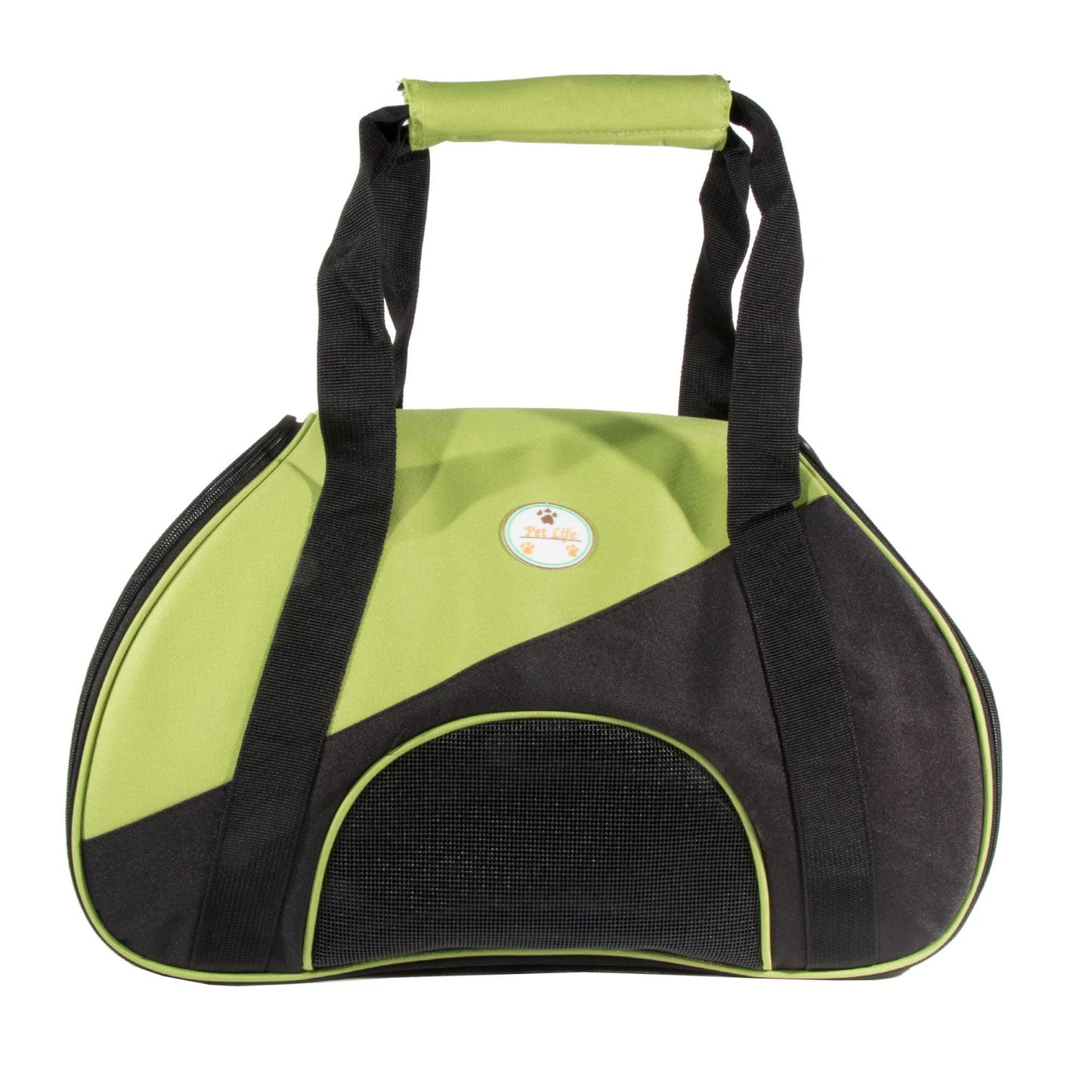 Airline-approved pet carrier, lime green and black, with front mesh panel and top handle