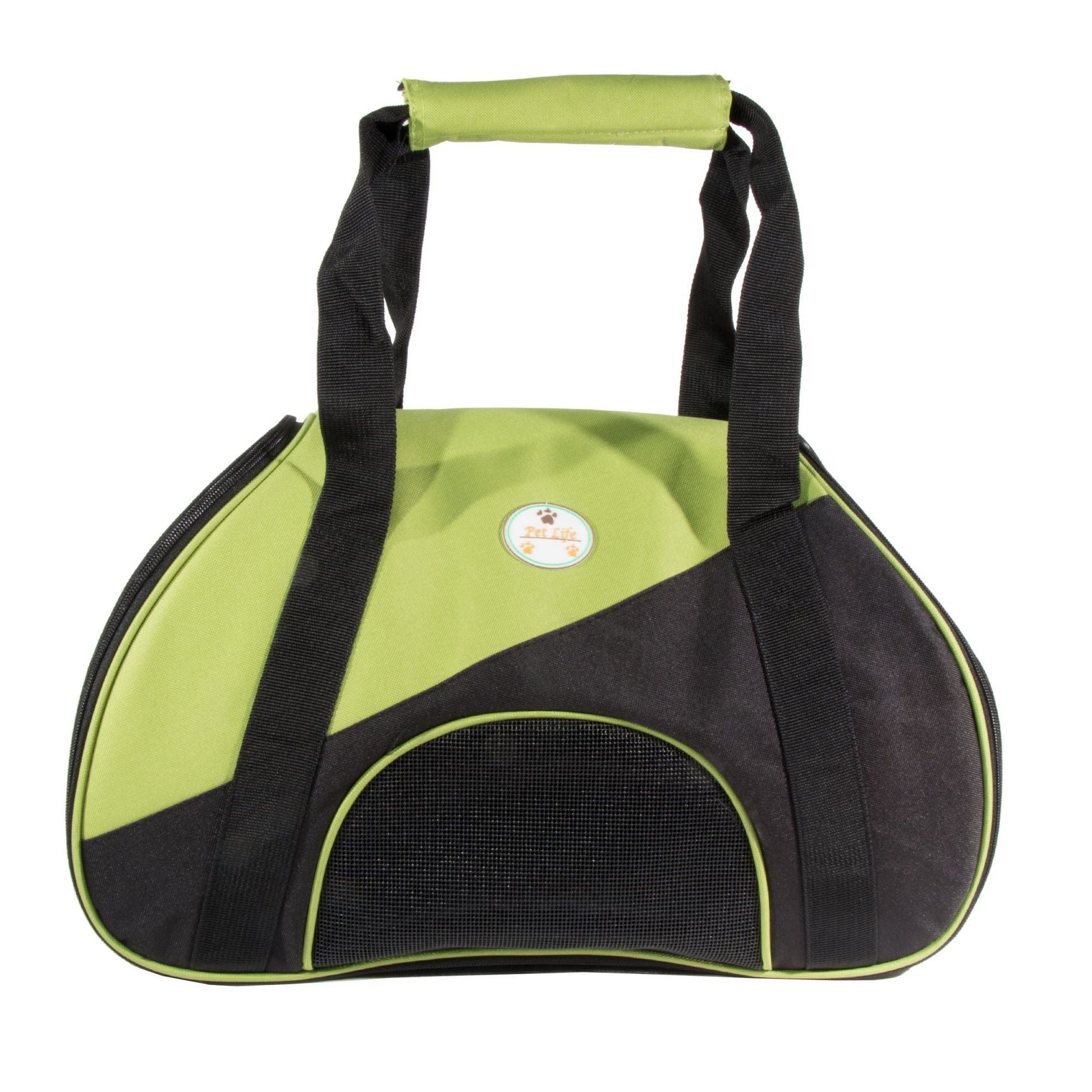 Airline-approved pet carrier, lime green and black, with front mesh panel and top handle