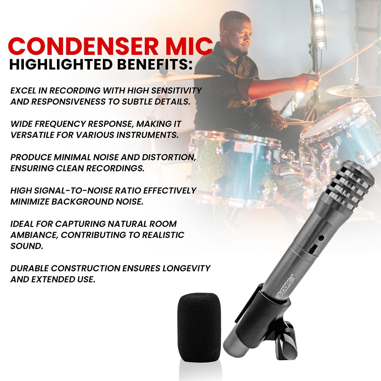 5 CORE Professional Instrument Microphone Pencil Mic Condenser Cardioid Unidirectional Stick Microfono with Windscreen Mic Clip & Case - INSTRU MIC 100 GREY
