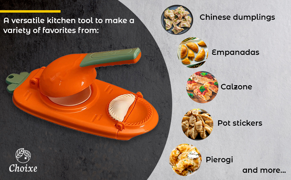 Orange manual dough press with green handle and round crimping mold insert