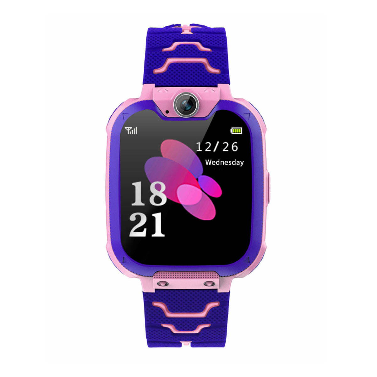Kid's smart watch with pink case and purple band, front display showing 18 and 21.