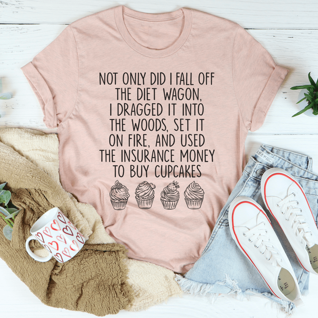 Peach graphic slogan crewneck T-shirt with cupcake icons