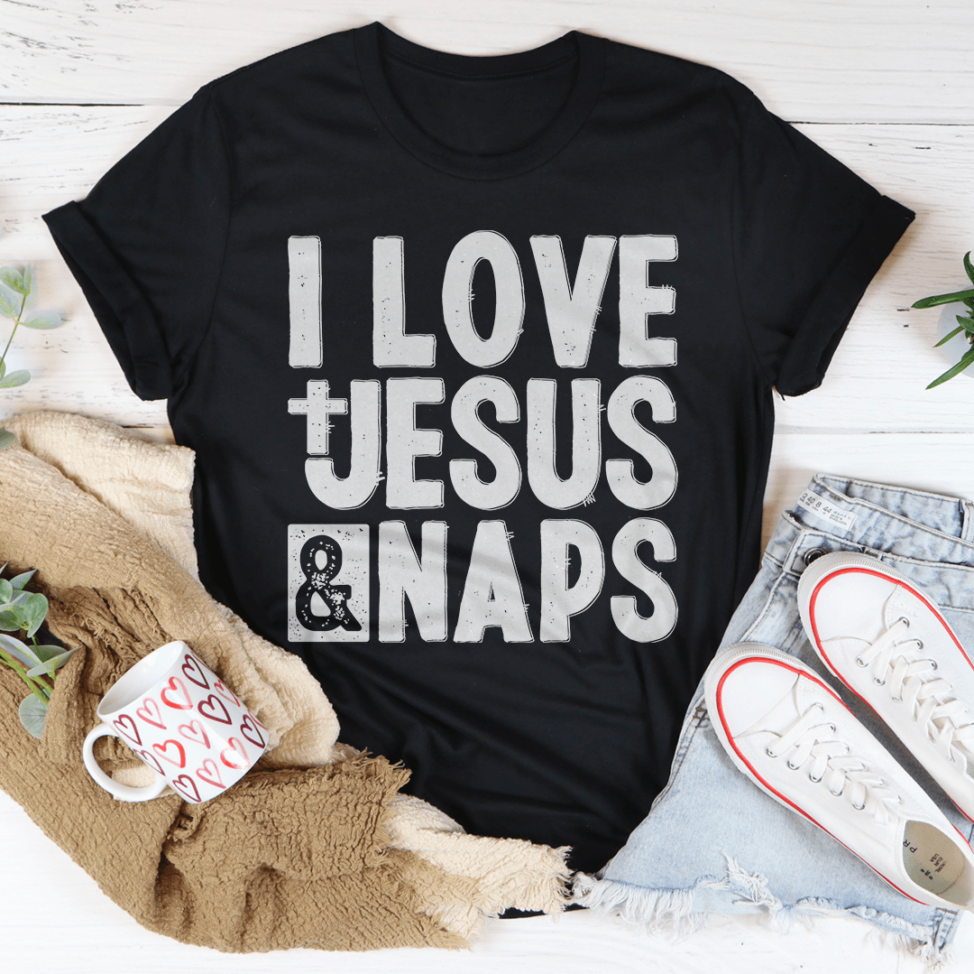 Black short-sleeve T-shirt with 'I LOVE JESUS & NAPS' front print