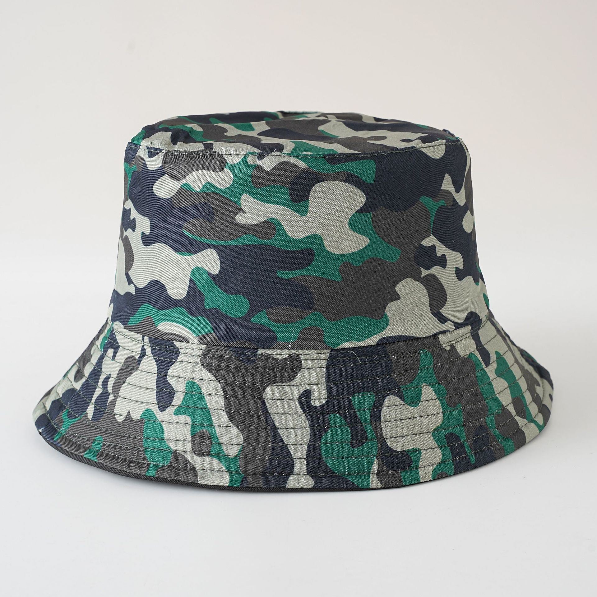 Green and dark camouflage fisherman bucket hat, wide brim with chin strap detail