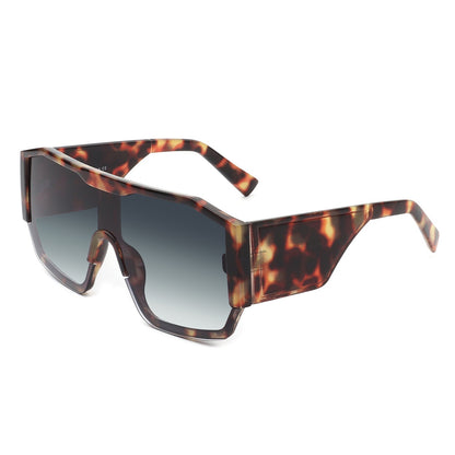Oversize square aviator sunglasses, side view, tortoise patterned frame and dark tinted lenses
