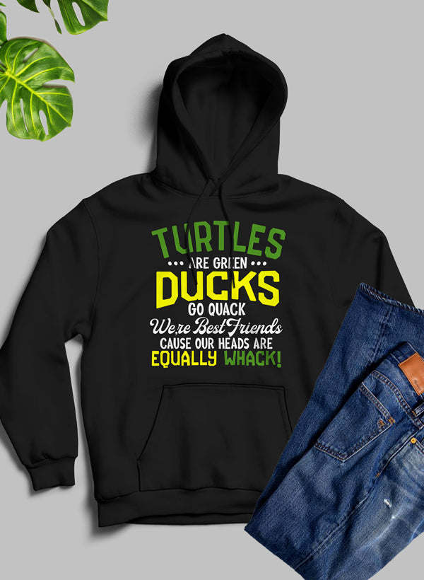 Black hoodie with front turtle/duck graphic and kangaroo pocket.