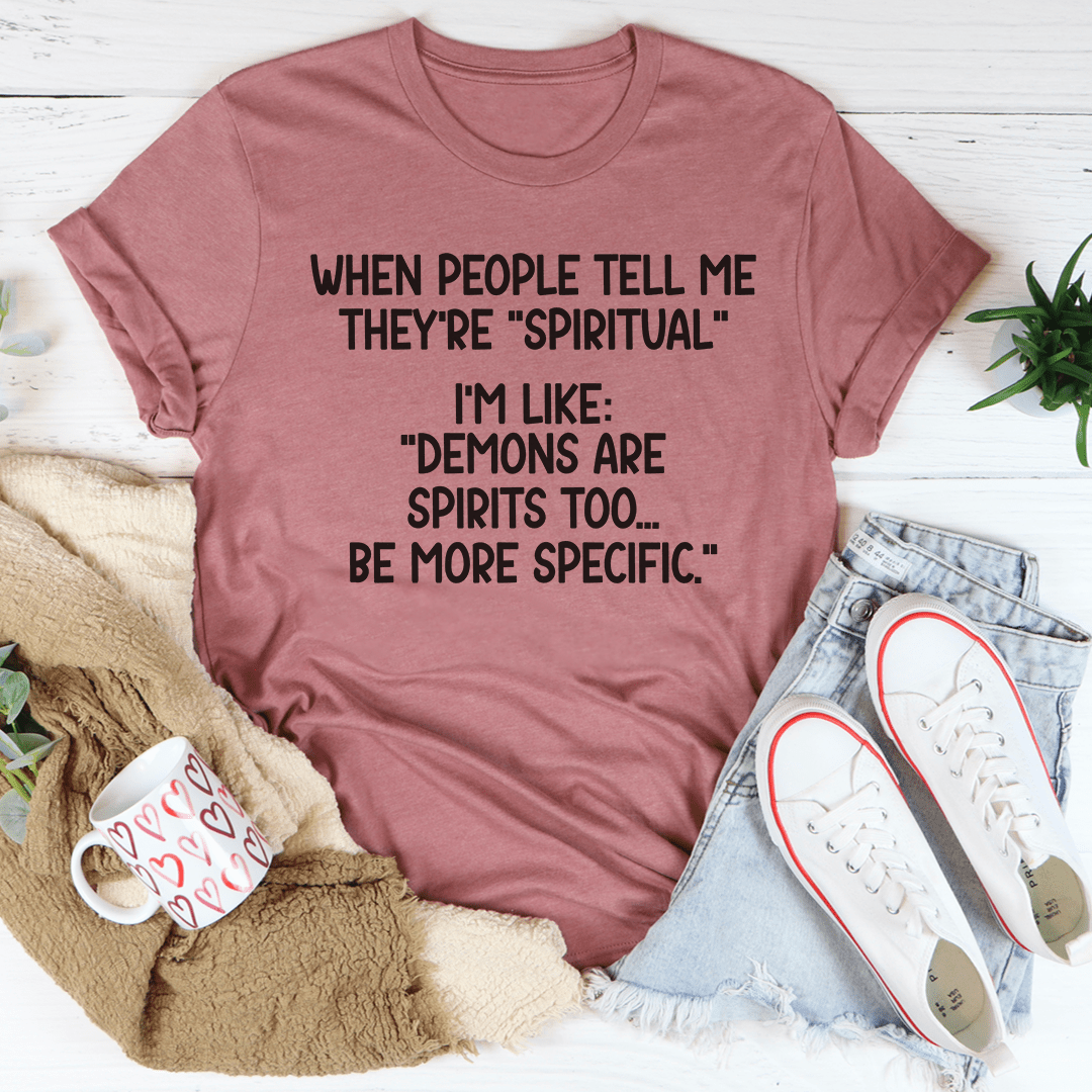 Mauve crew-neck graphic T-shirt with dark slogan text