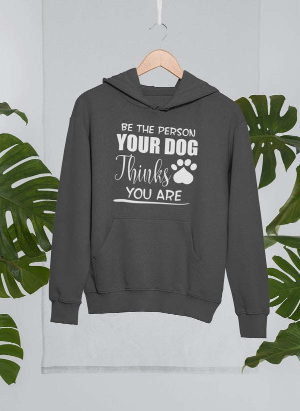 Dark heather hoodie with dog quote, paw print graphic, and kangaroo pocket