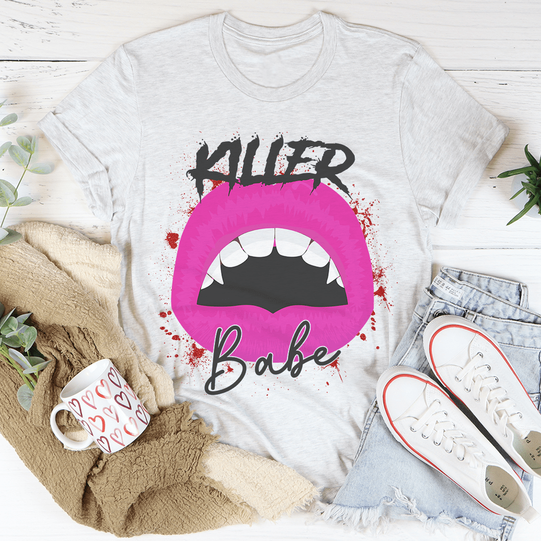 Light grey graphic t-shirt with Killer Babe lip print and pink lips