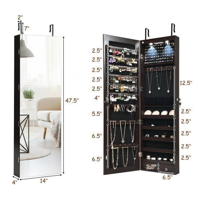 Mirrored jewelry cabinet with open doors, necklace hooks, and lit storage shelves