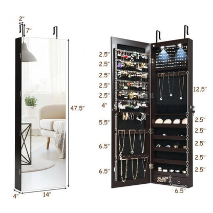 Mirrored jewelry cabinet with open doors, necklace hooks, and lit storage shelves