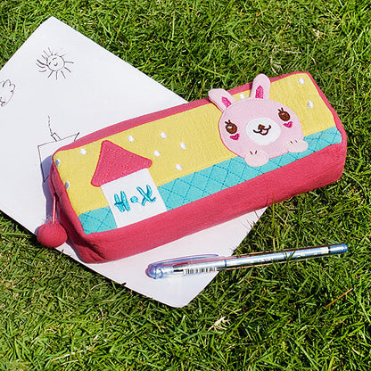 Embroidered pencil pouch with rabbit face applique, red pink trim, yellow and teal stripes