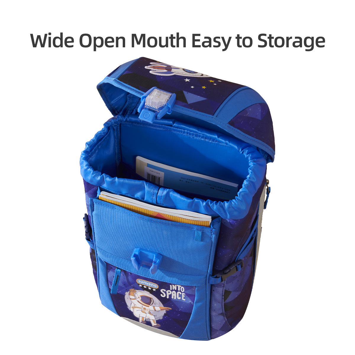 Children's blue school backpack open wide for easy storage, visible interior compartments