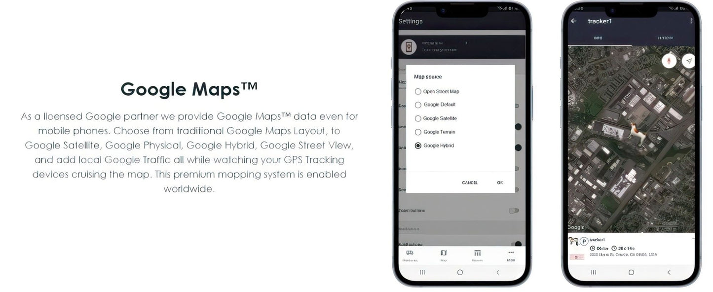 Two smartphone GPS tracking screens with Google Maps views