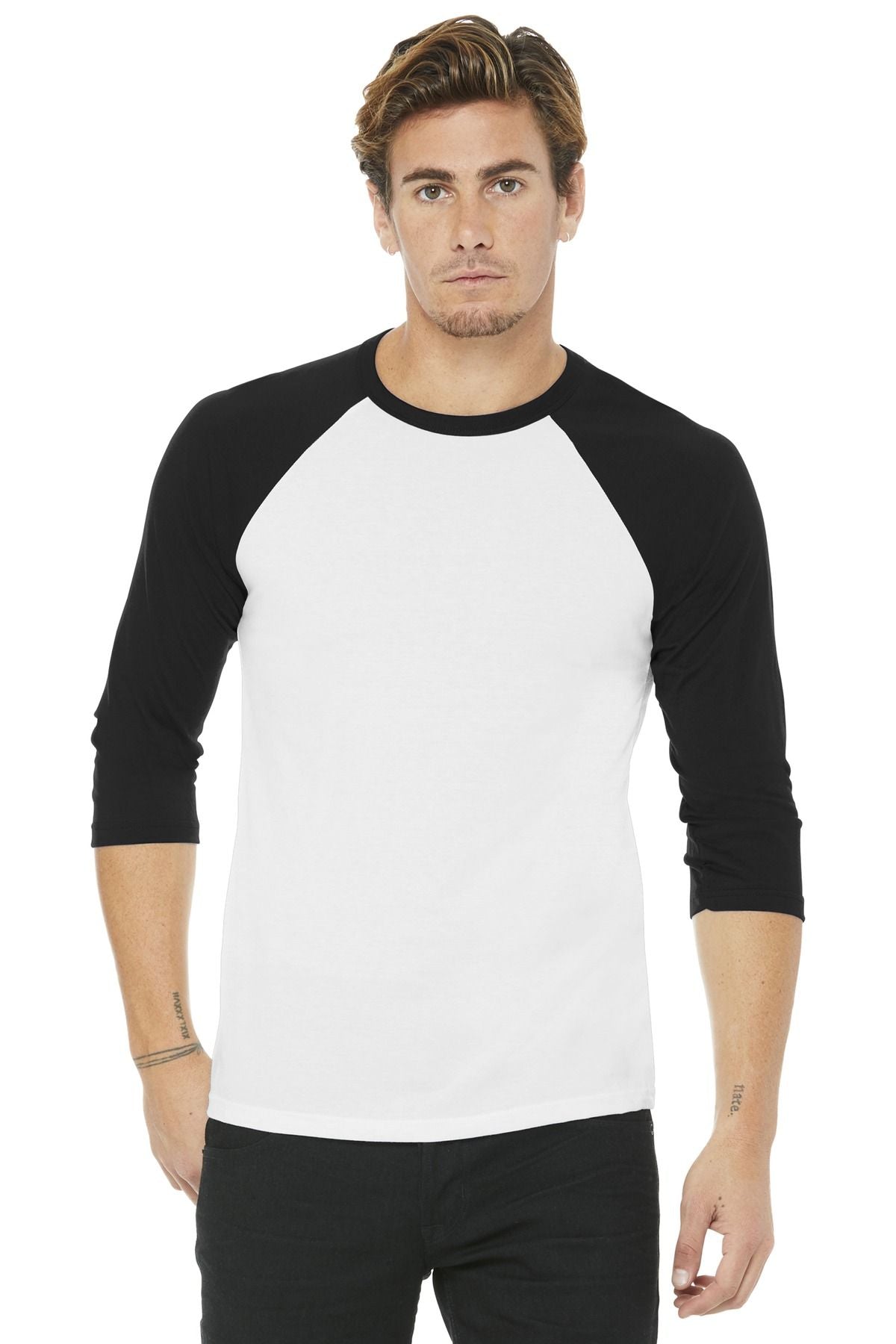 Unisex 3/4-sleeve baseball tee with white front and black raglan sleeves
