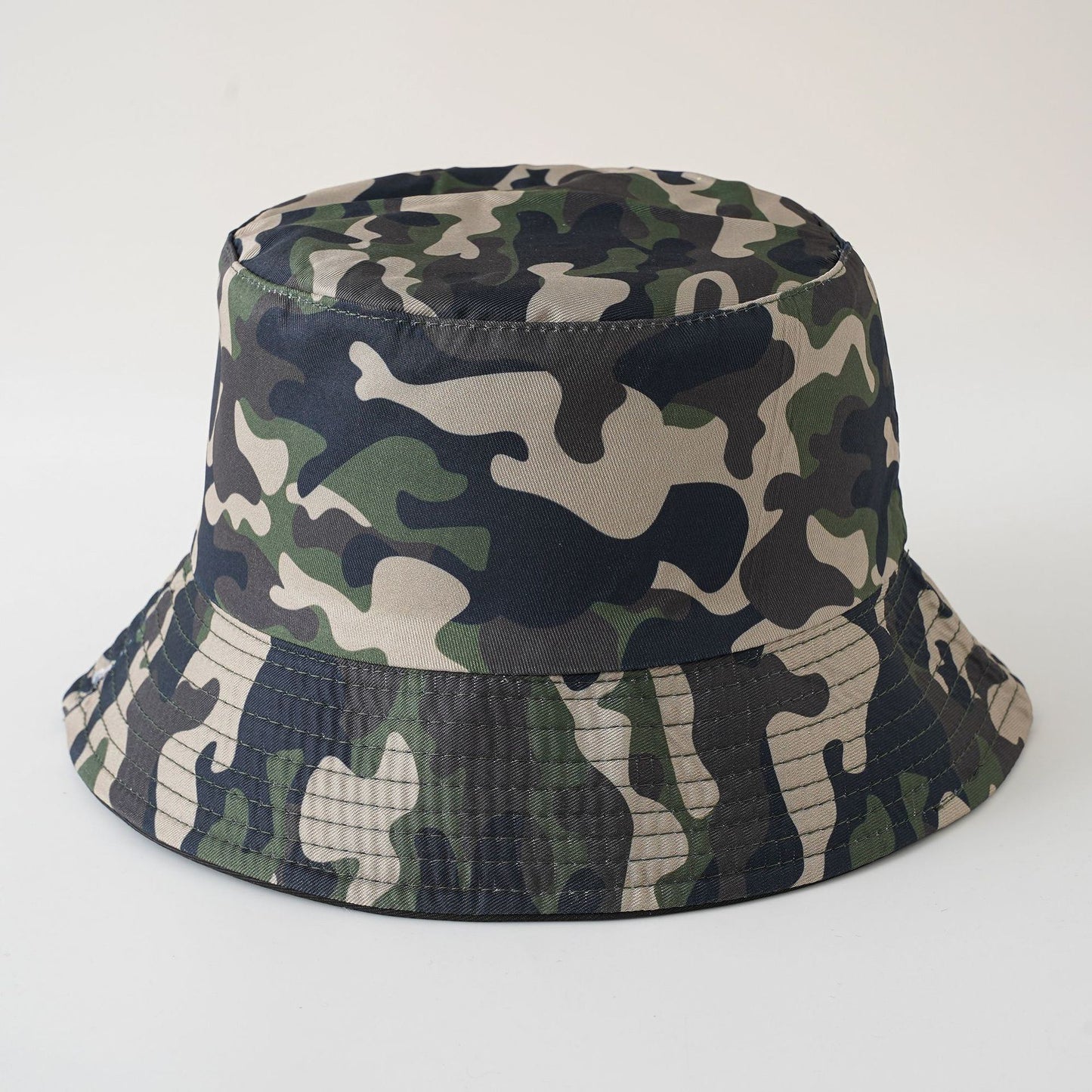 Double-sided camouflage fisherman hat, dark multicolor bucket style with stitched brim.