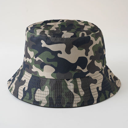 Double-sided camouflage fisherman hat, dark multicolor bucket style with stitched brim.