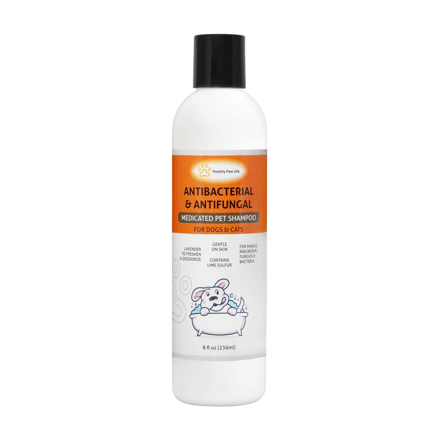 Medicated pet shampoo bottle with black cap, white label, antibacterial & antifungal