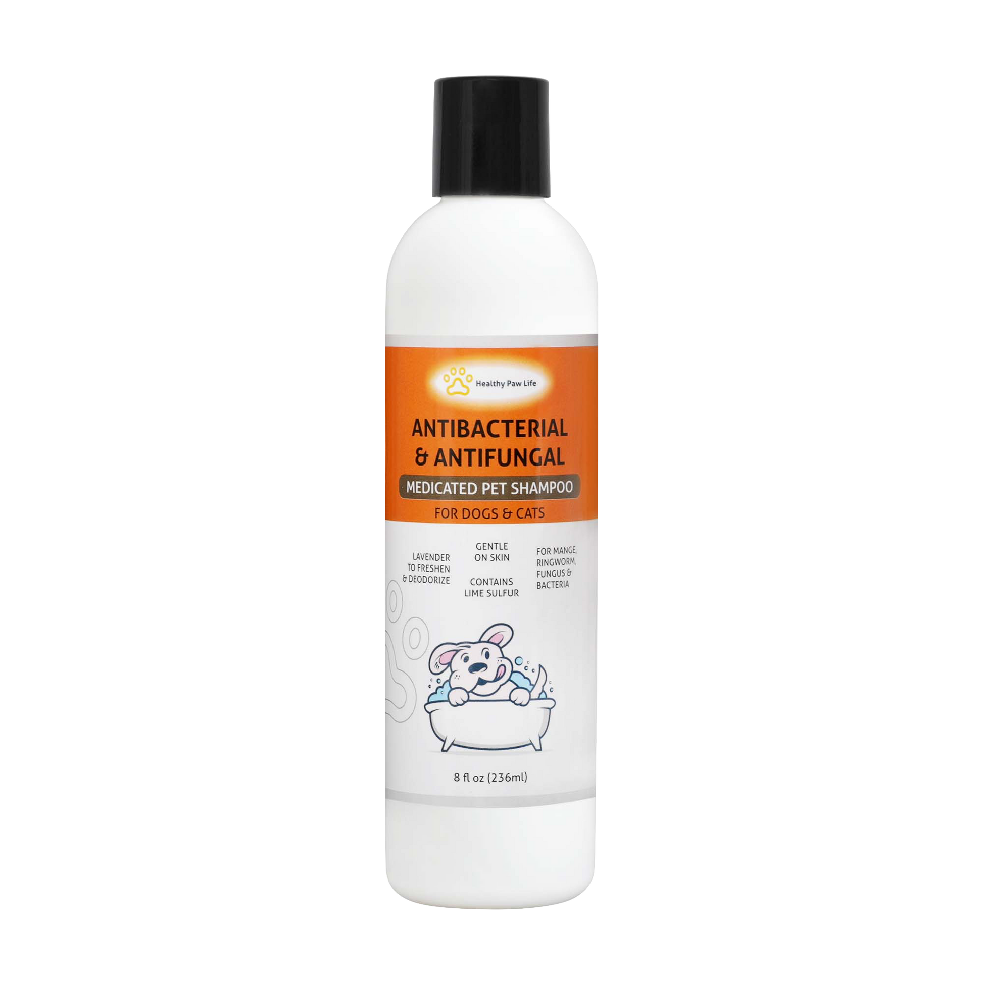 Medicated pet shampoo bottle with black cap, white label, antibacterial & antifungal