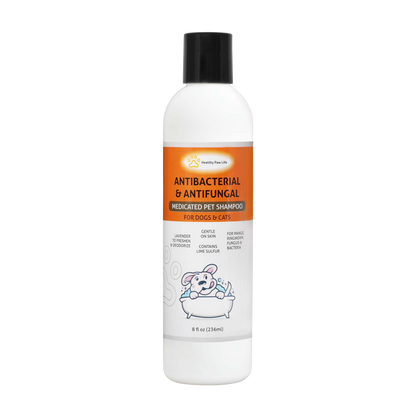 Medicated pet shampoo bottle with black cap, white label, antibacterial & antifungal