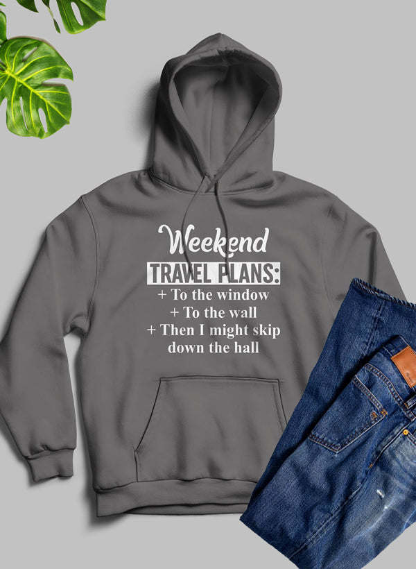 Dark gray hoodie with front graphic text and kangaroo pocket, drawstring hood.