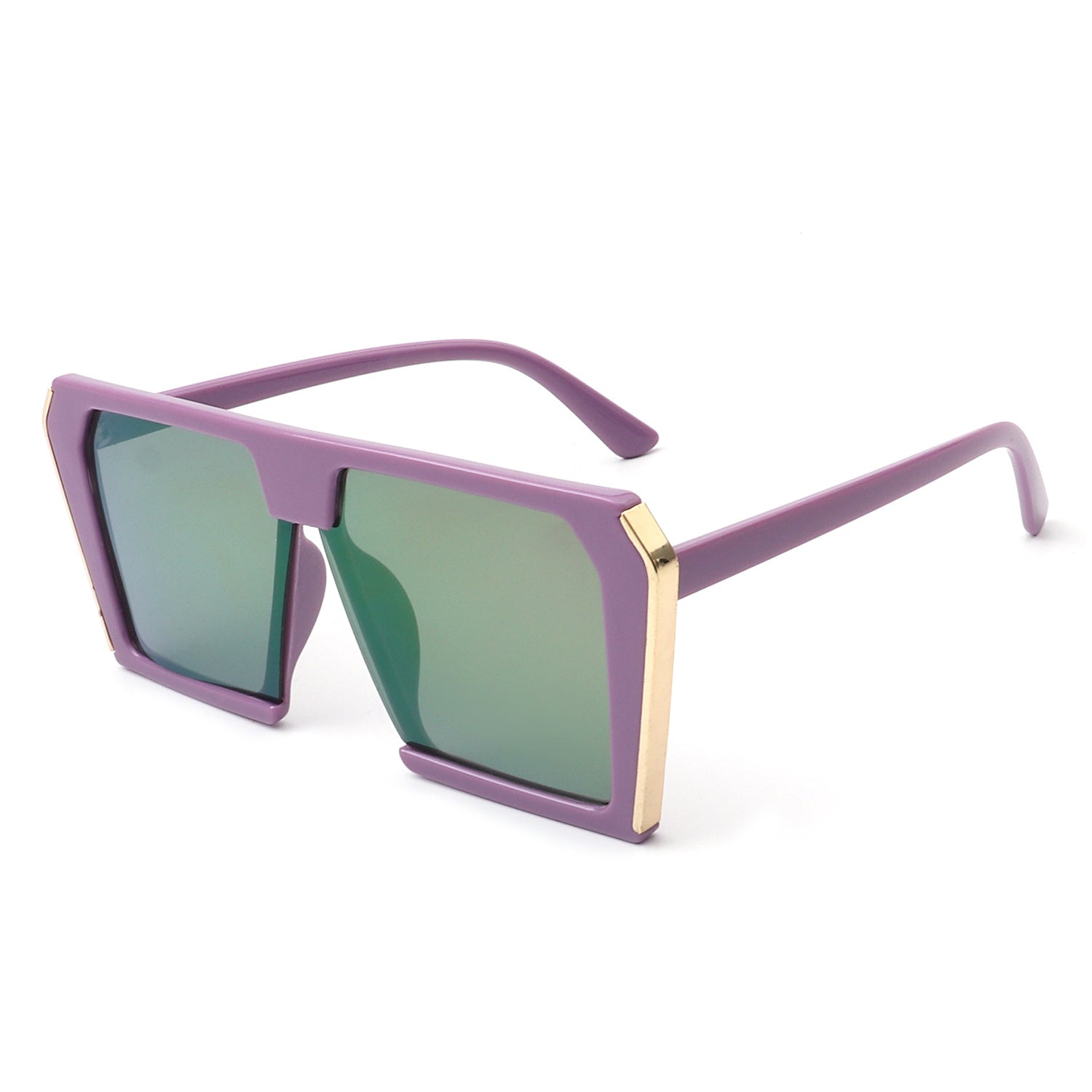 Women’s square oversize sunglasses, purple frame side view with green-tinted lenses