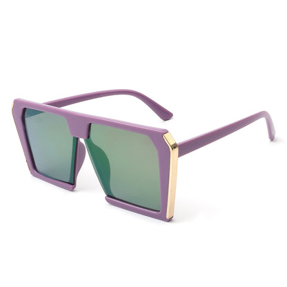 Women’s square oversize sunglasses, purple frame side view with green-tinted lenses