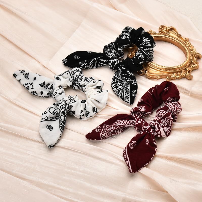 Hair Bow Scrunchy Hair Ties for Girls Ponytail Holders for Women Bunny Ear Scrunchies 3Pcs