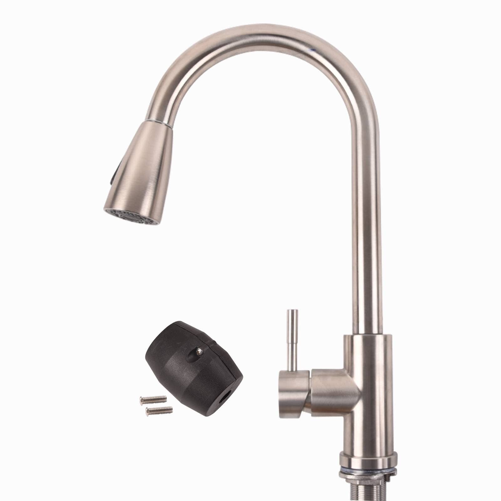 Stainless steel kitchen faucet with sprayer head and single-lever valve control