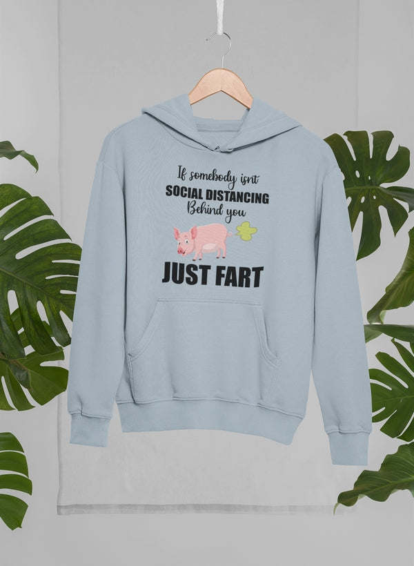Light blue hoodie sweatshirt with front kangaroo pocket and 'JUST FART' graphic print