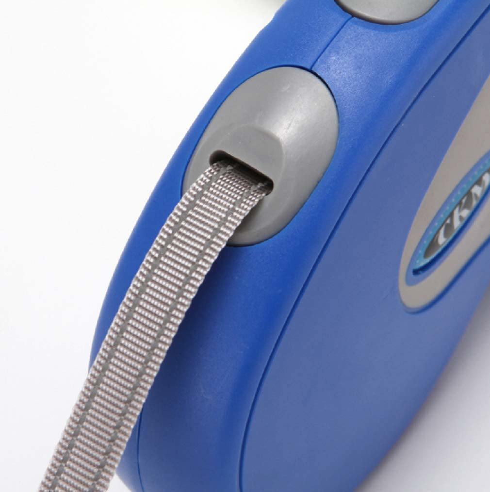 Retractable pet leash blue body with attached gray nylon ribbon at the end