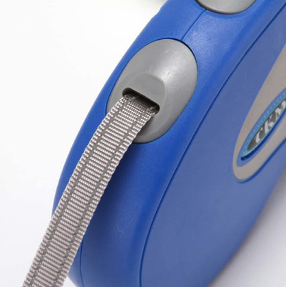 Retractable pet leash blue body with attached gray nylon ribbon at the end
