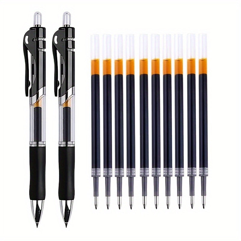 Black gel pens with clear refill tubes and orange ink cartridges; two pens shown