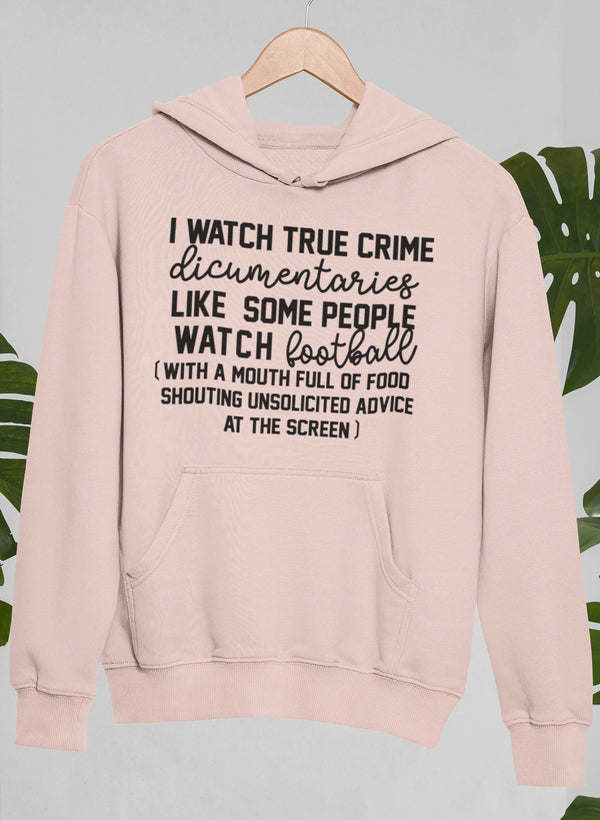 Light pink hoodie with hood, front graphic text, and kangaroo pocket