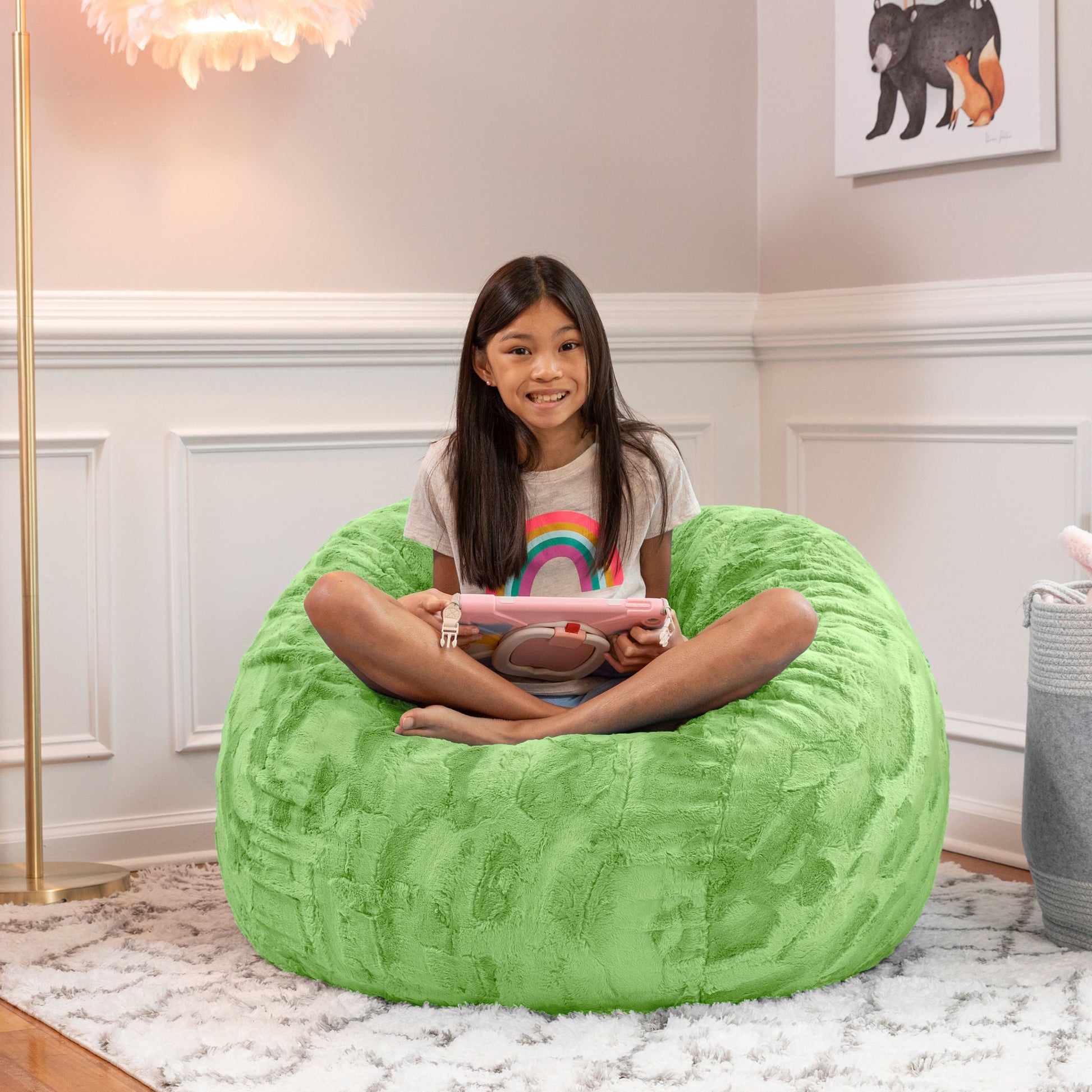 Lime green faux fur bean bag chair for kids' lounging