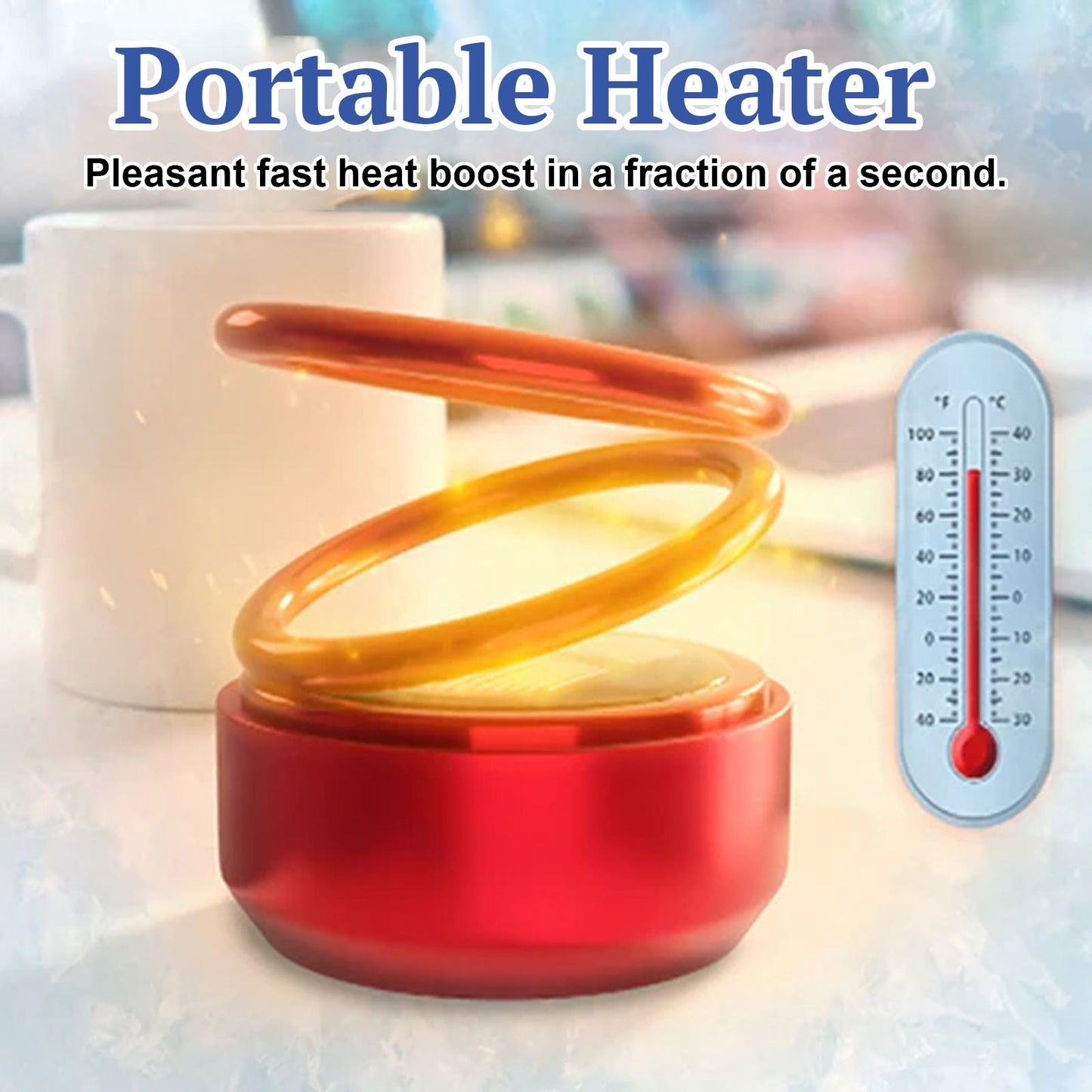 Red portable heater with glowing double ring beside a mug