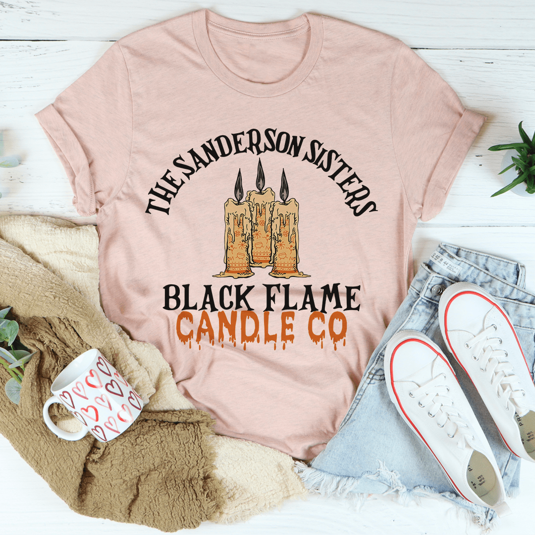 Unisex graphic T-shirt, dusty rose, “Black Flame Candle Co” candle and flame front print