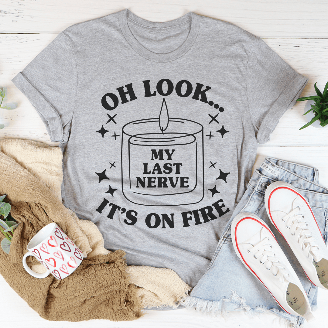 Heather gray T-shirt with front candle graphic and “MY LAST NERVE” text