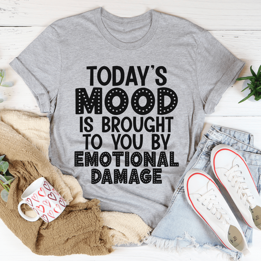 Gray graphic T-shirt with black "TODAY'S MOOD" text