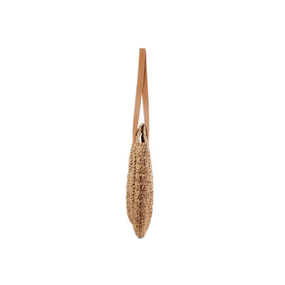 Handmade straw tote bag in sandy beige with slender crochet sides and leather handle straps