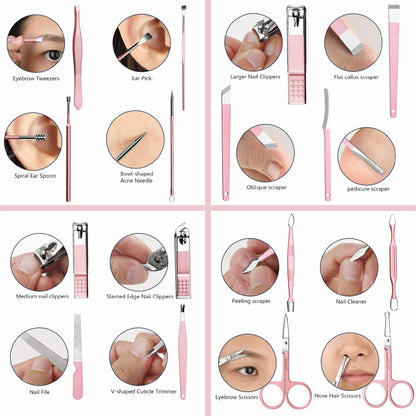 Manicure tool set with pink handled tweezers, scrapers, clippers, scissors, and nail files