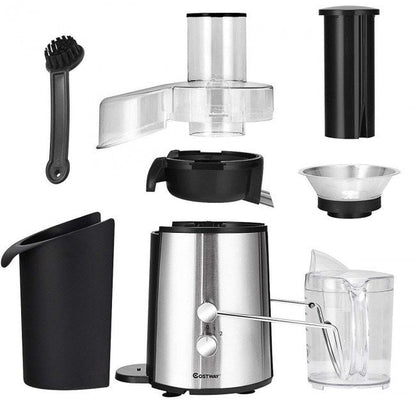 Electric centrifugal juice extractor parts set: main unit, pulp bin, funnel, and cleaning brush