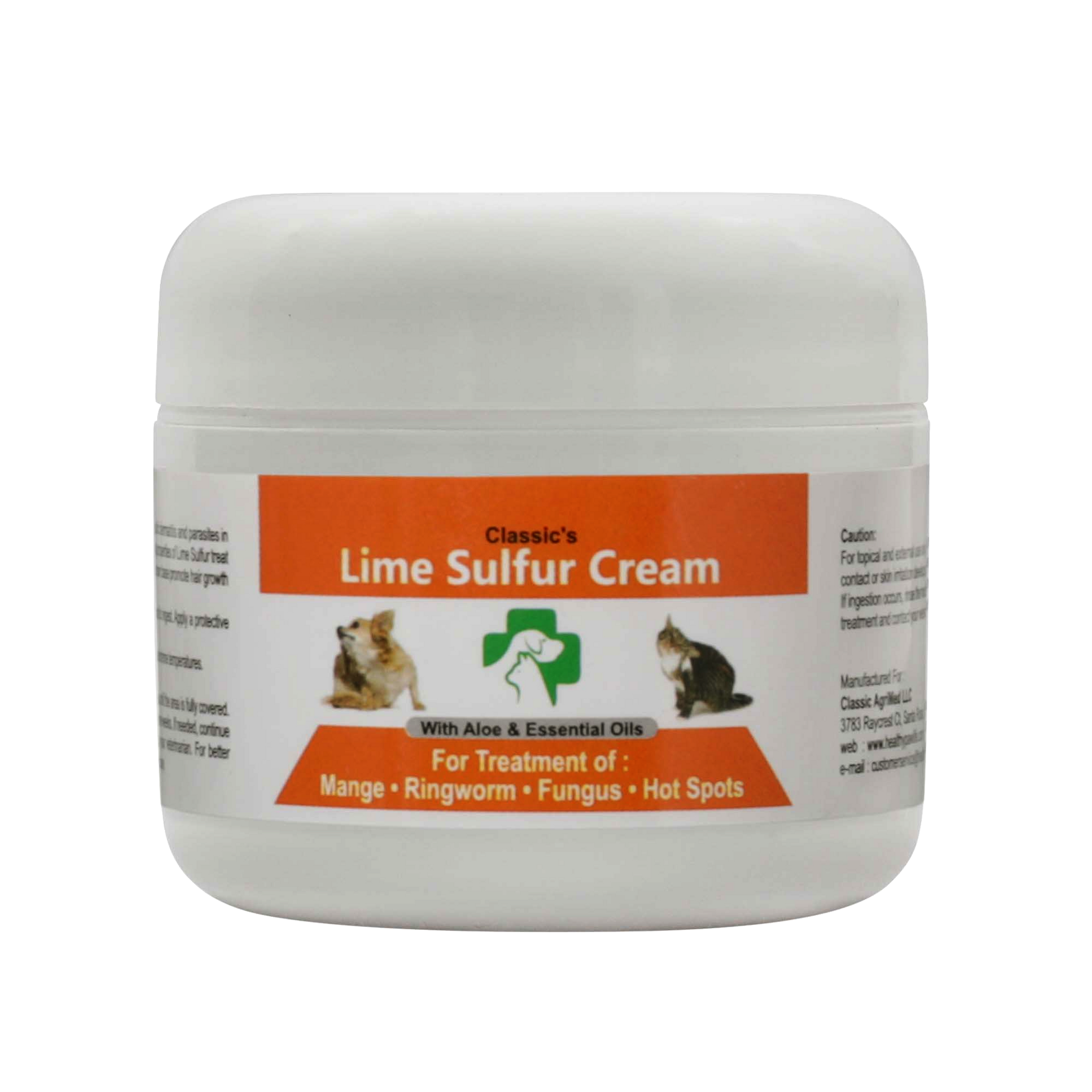 Lime Sulfur Cream jar with orange label and white screw-top lid
