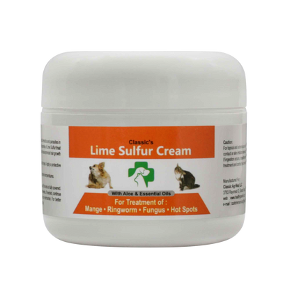 Lime Sulfur Cream jar with orange label and white screw-top lid