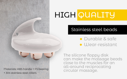 White rolling body massager with four stainless-steel beads on a silicone disk