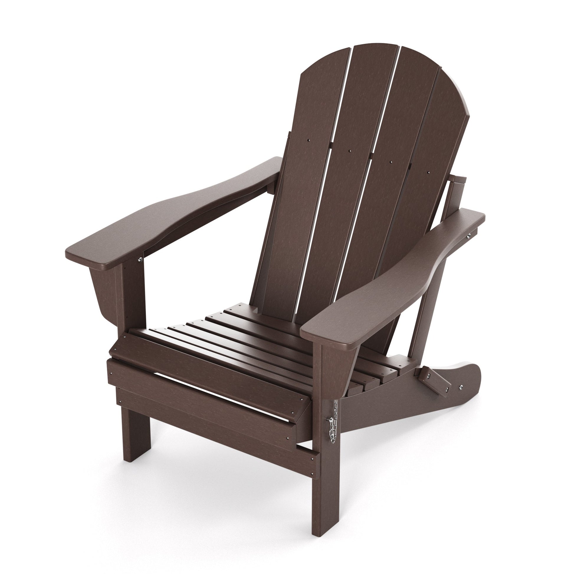 Folding Adirondack-style patio chair with slatted seat and curved back in dark brown.